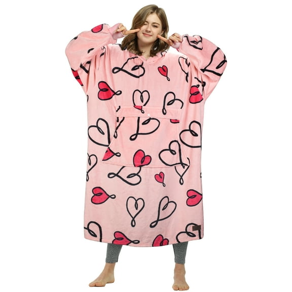 Catalonia Valentine's Day Gift Womens Oversized Flannel Blanket Hoodie Sweatshirt, Plush Fleece Lined Lounging Pullover, Christmas Gift for Women (LOVEART Pink)