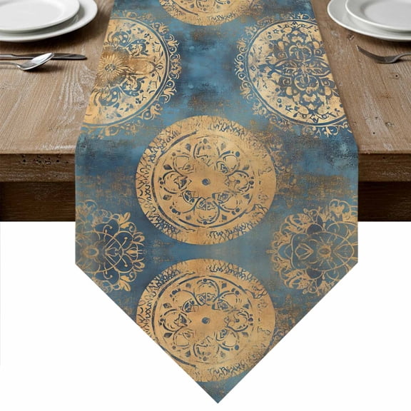 Yellow Blue Abstract Table Runner Linen Burlap Table Runner 48 Inches Long Smear Artwork Dresser Scarves for Kitchen Island Coffee Dining Room Party Wedding Banquet Holiday Decoration 13"x48"