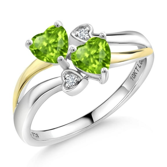 Gem Stone King 925 Silver and 10K Yellow Gold Green Peridot and White Lab Grown Diamond Ring for Women (1.02 Cttw, August Birthstone, Heart Shape 5MM, Size 9)