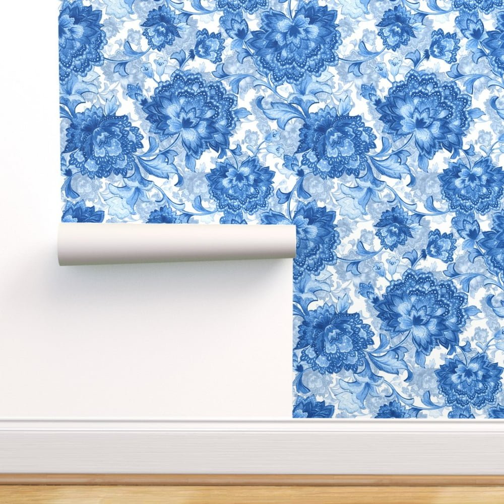 Peel-and-Stick Removable Wallpaper Blue Floral Chinoiserie