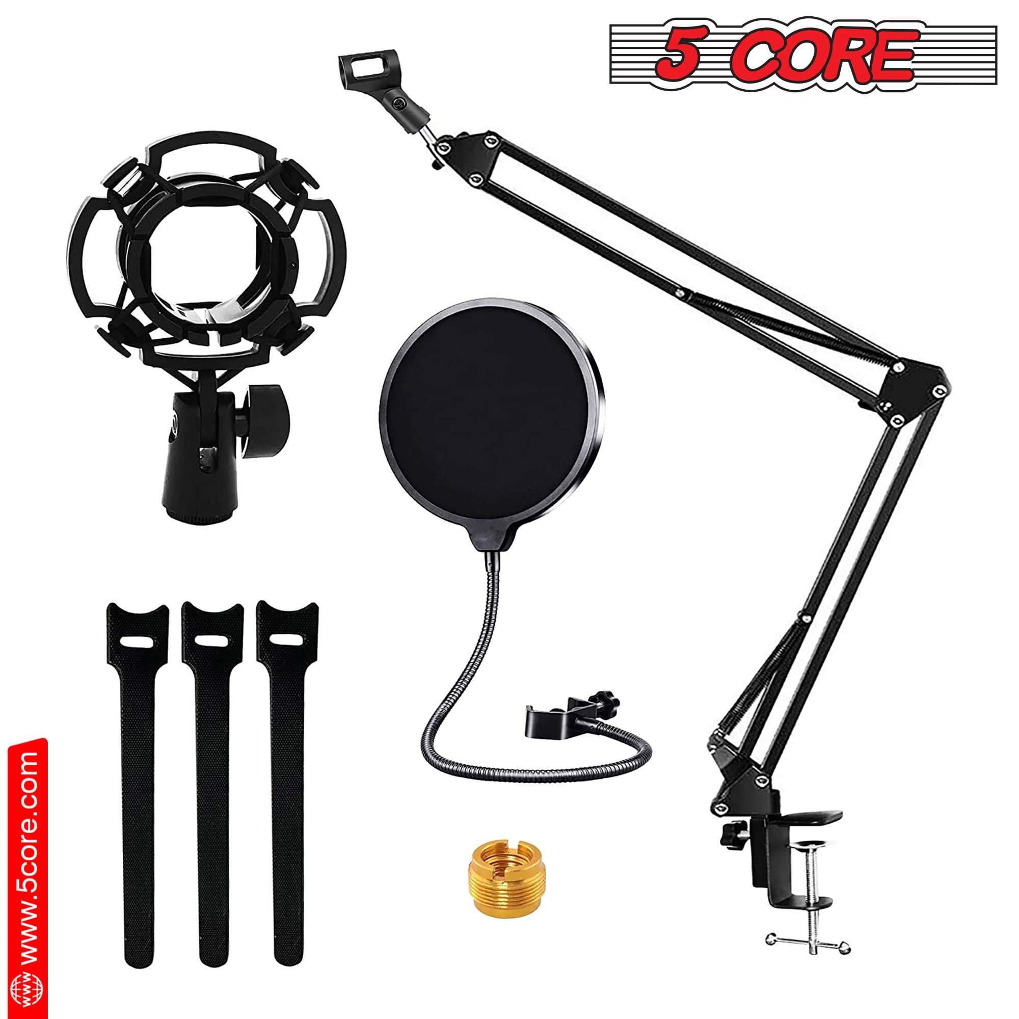Microphone Arm Stand Upgraded Adjustable Suspension Boom Scissor Arm Mic Holder with Pop Filter 3/8" to 5/8" Adapter Mic Clip Shock Mount Cable Ties,Black