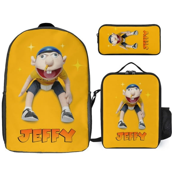 3 Piece Casual Shoulder Bag, SML Jeffy Backpack Set Travel Knapsack with Lunch Box Pencil Case