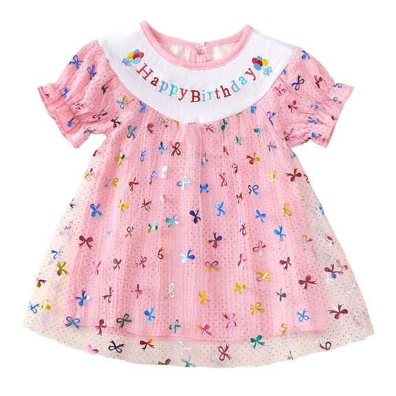 vigerkar Baby Girls Tutu Dress Summer Sparkly Bow Letter Short Sleeve A-line Tulle Princess Birthday Party Dresses Sundress (Pink, 6-12 Months)