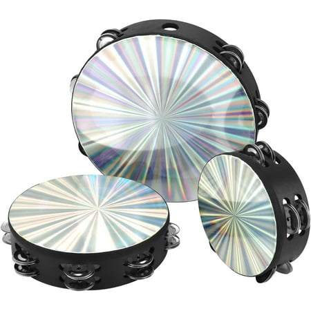 3-Pack Wood Church Tambourine Set for Adults - 6", 8", 10" Sizes, Birch Wood Frame with Double Row Metal Jingles -Reflective Hand Drum Percussion Musical Instrument for Parties, Music Classes