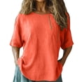 thumbnail image 2 of Women's Cotton Linen Blouse, Round Neck Embroidered Short Sleeve Top, Loose Fit Casual Tunic for Summer, Boho Chic Shirt and Everyday Wear-Orange, 2 of 5