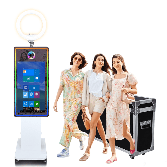 Portable Mirror Photo Booth Machine with 32inch Touch Screen Selfie Photo Booth Machine with RGB Light and Flight Case for Events