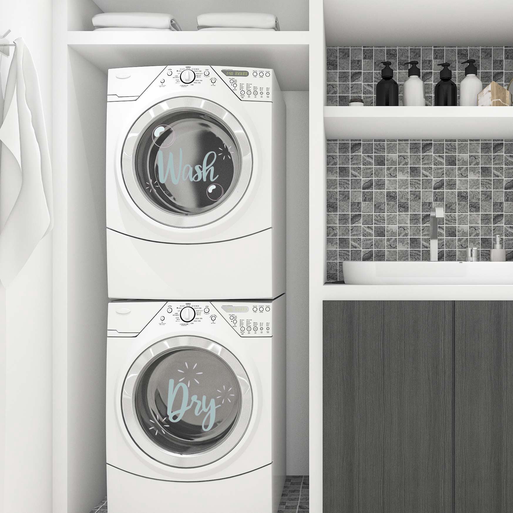 Wash and Dry Stickers for Laundry Machines Vinyl Decal - Washer and Dryer Combo with Bubble and Popped Designs for Laundry Room - 20" x 20"