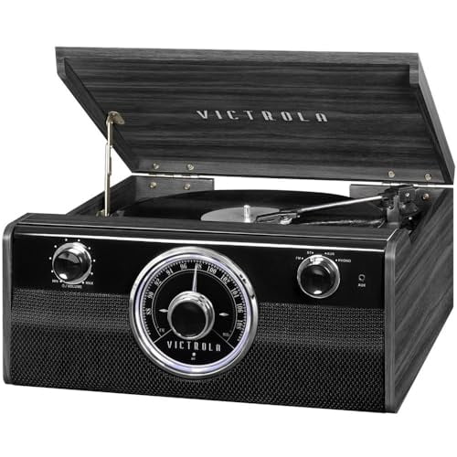 Victrola Metropolitan Mid Century Tocadiscos Bluetooth 4 en 1 y centro multimedia con parlantes incorporados - Tocadiscos de 3 velocidades, radio AM/FM, transmisión inalámbrica de música | Gris