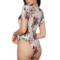 thumbnail image 3 of KLL Women 's Crew Neck Bodysuit Jumpsuits Rose Flowers Print Short onesies Stretch T Shirts, 3 of 7