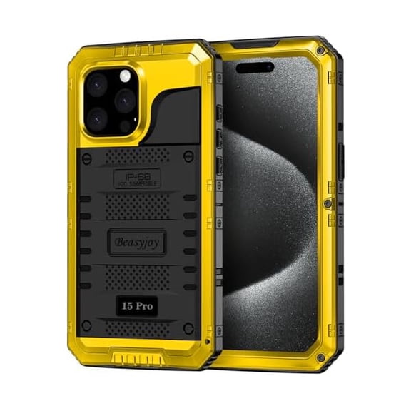 Compatible with iPhone 15 Pro Case Waterproof, Metal Heavy Duty Full Body Protective Case with Built in Screen Protector, Military Grade Shockproof Defender Cover for 15 Pro 6.1", Yellow