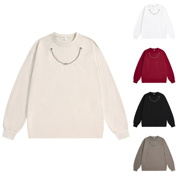 safuny Men's Casual Activewear Loose Tops Big&Tall Workout Solid Color Pullover Chains Fashion Long Sleeve Tees Crew Neck Sweatshirts Beige L