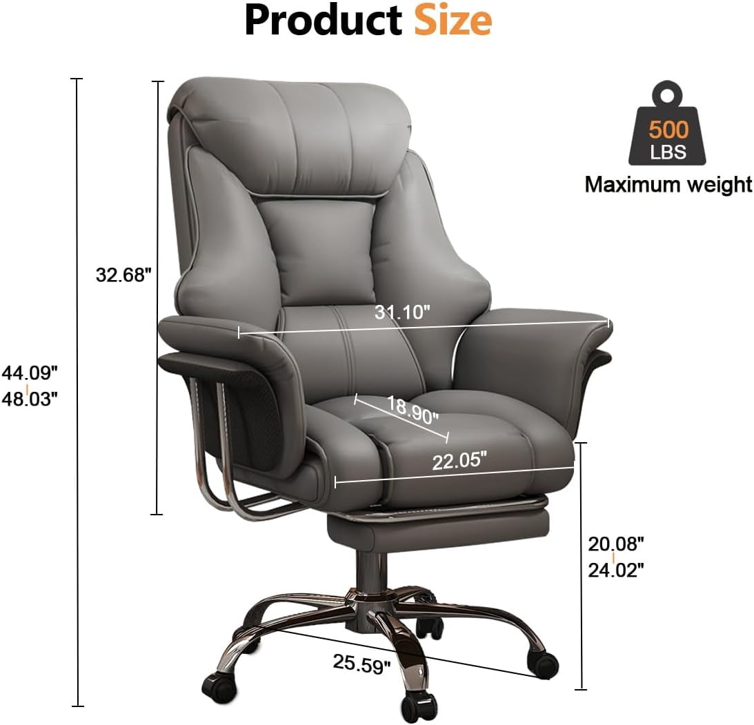 XUEGW Heavy-Duty 550 lbs Big and Tall Office Chair, Wide Seat Leather XUEGW Ergonomic Executive Desk Chair with Leg Rest, Adjustable Height Computer Gaming Chair, Gray