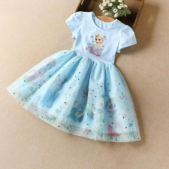 Frozen Elsa Robe Tutu Princesse en Tulle pour Enfants Filles Manches Courtes Robes de Fête d'Anniversaire
