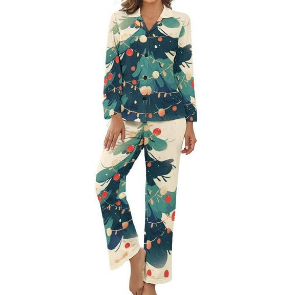 Christmas Tree Light Women's Long Sleeve Flannel Pajama Set Sleepwear L