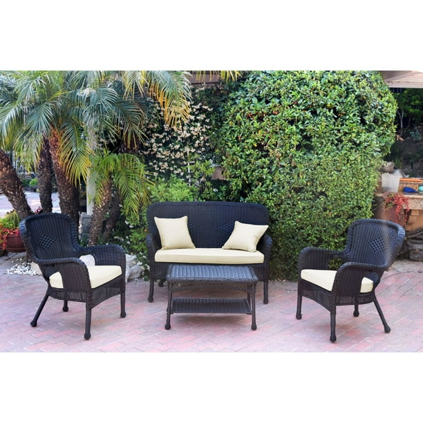 4-Piece Black Wicker Outdoor Furniture Patio Conversation Set - Ivory