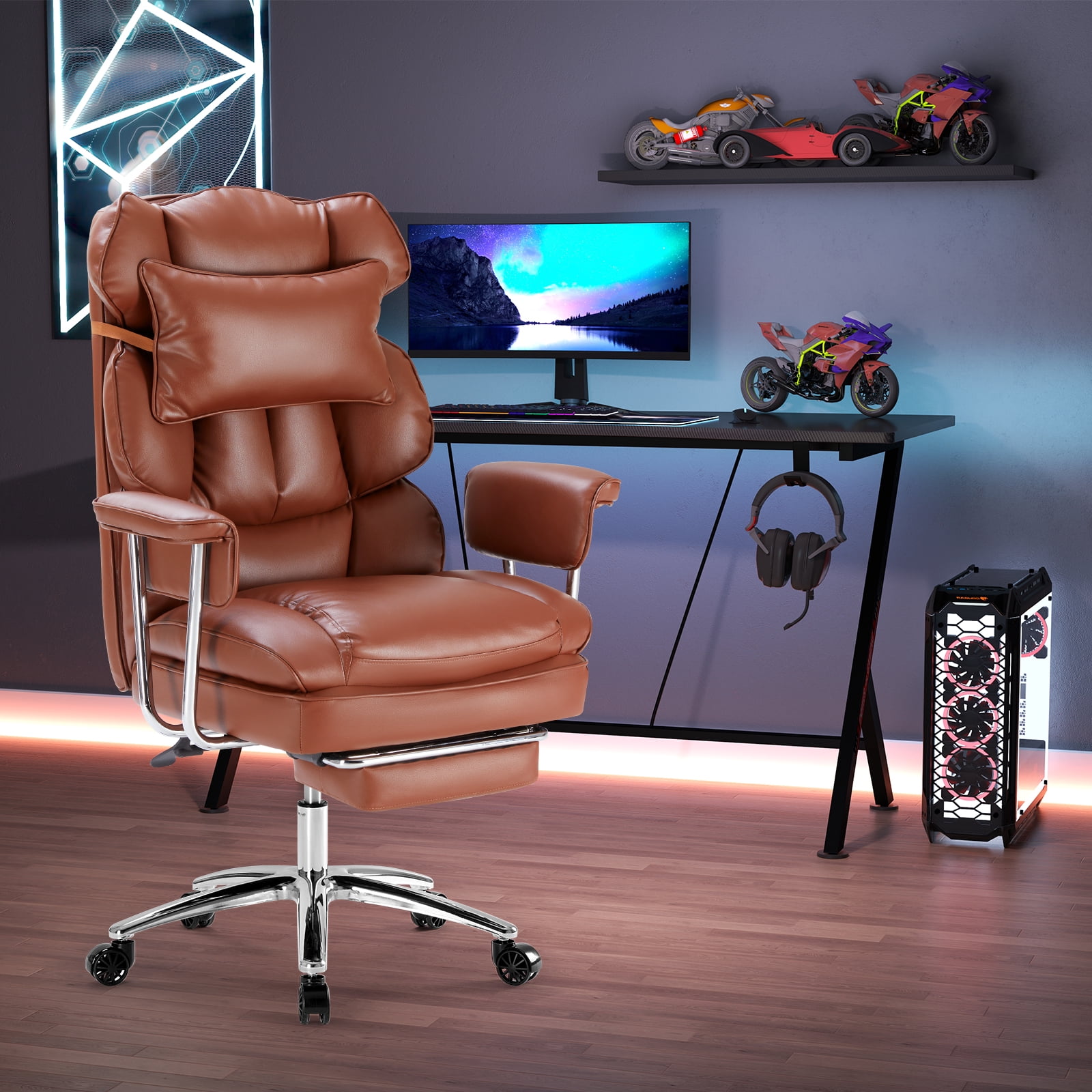 CONCETTA Executive Ergonomic Home Office Chair with Footrest & Lumbar Support, Big Tall High Back, PU Leather, Adjustable & Swivel, Brown