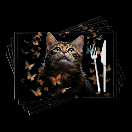 

BaHomeck placemats Set of 4 Beautiful Cat Surrounded By Butterflies Cotton Linen rectangle Placemats for Kitchen Dining Table Indoor Outdoor 18*12inch