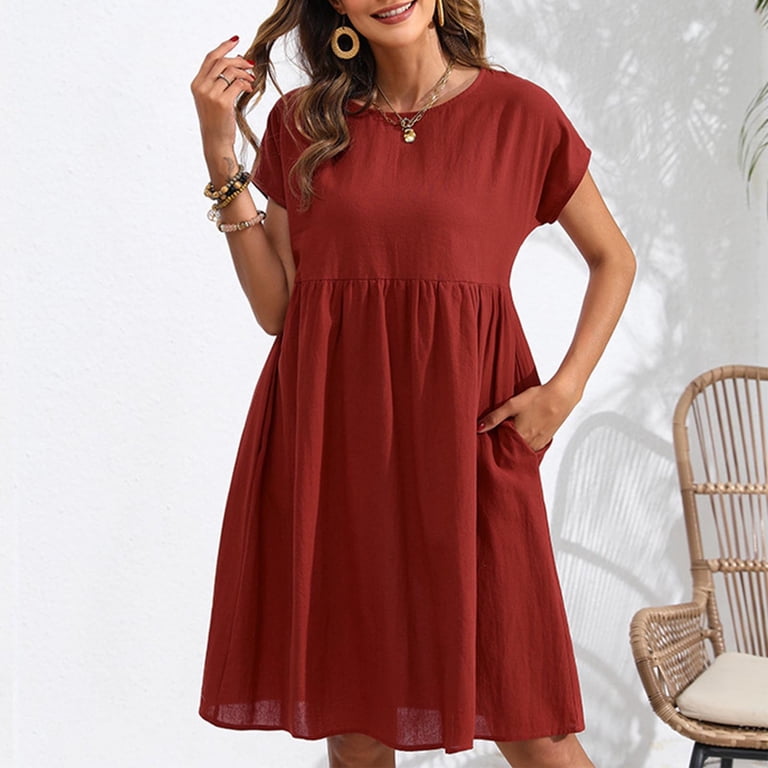 QUINDOS Summer Dresses for Women Crew Neck Casual Short Sleeve Sundress Sun  Dresses Solid Color Mid Length Cotton Linen Mini Knee Length Dresses for  Women - Walmart.com
