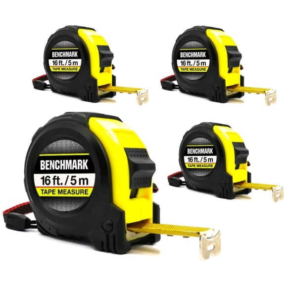 Benchmark - 4 Pack of Tape Measures - 16 ft (5 m) - Auto Rewind & Thumb Lock - Ensemble de 4 rubans à mesurer – 16 pi (5 m) – rétraction autom