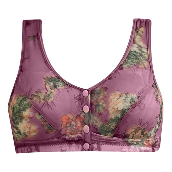 Kyusrd Front Open Bras For Women Button No Steel Ring Lace Pattern Wirefree Closeure Nursing Middle-Aged And Elderly Underwear Printed Oversized Push Up Lactation Open Seamless Daily Bra