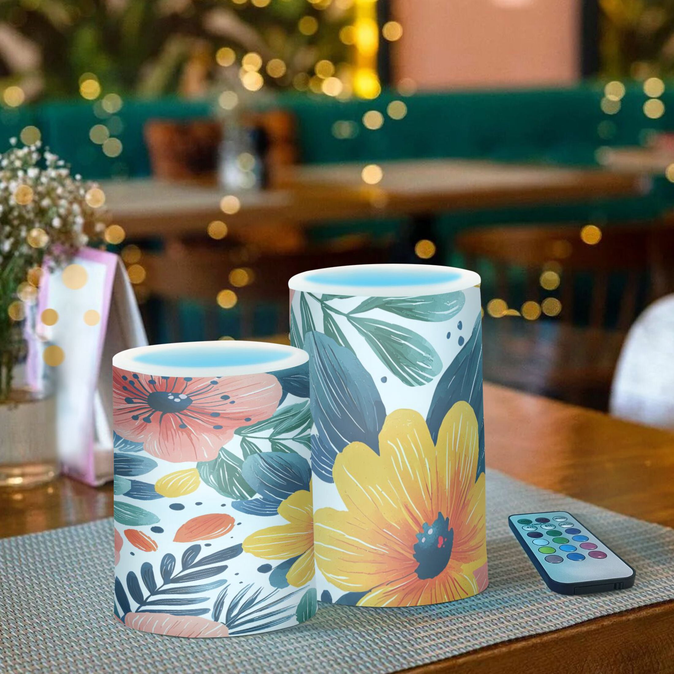 Tropical Flower Flickering Flameless Candles Battery Operated with Remote Timer LED Pillar Candles Set of 2