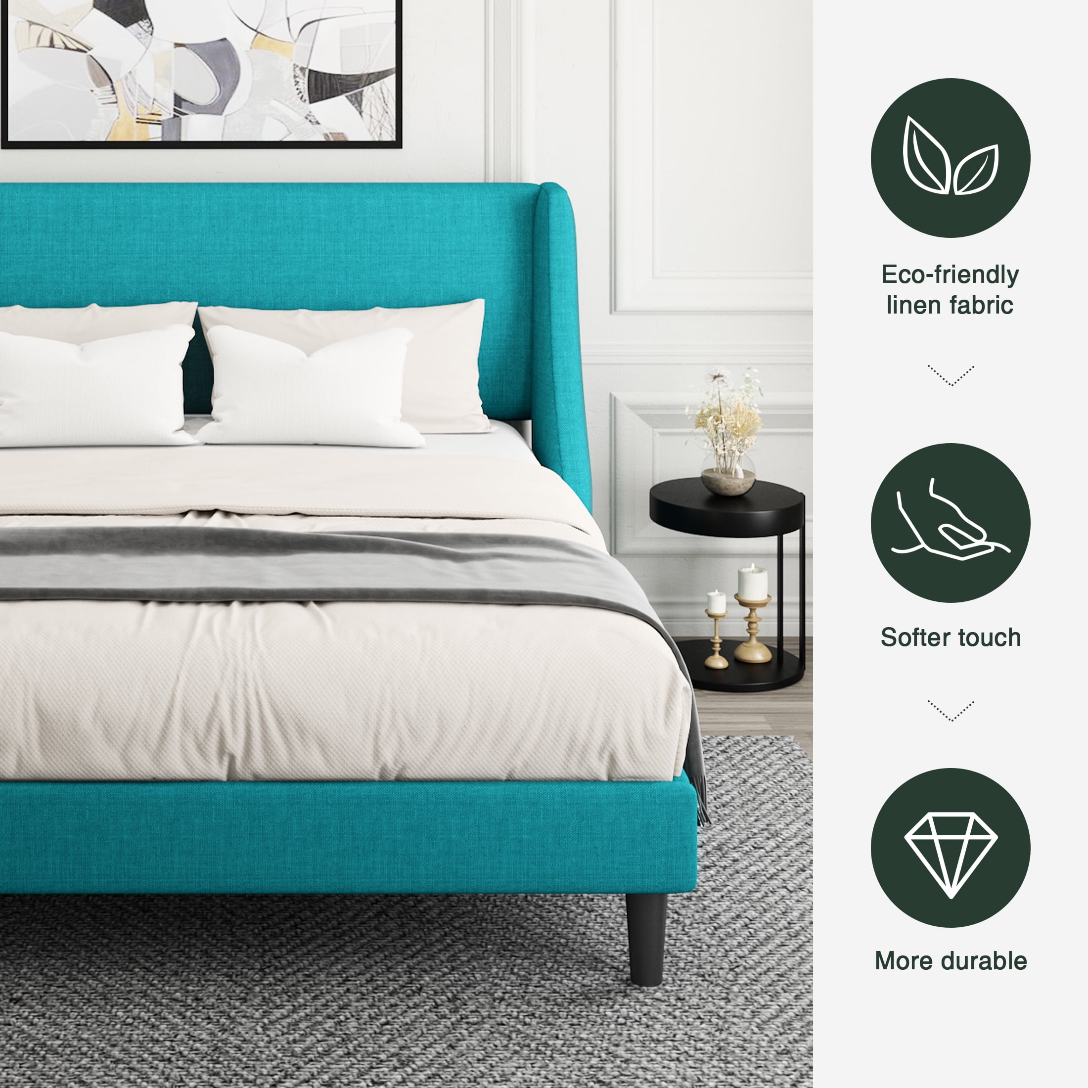 Amolife King Size Modern Platform Upholstered Bed Frame with Deluxe Wingback, Lake Blue