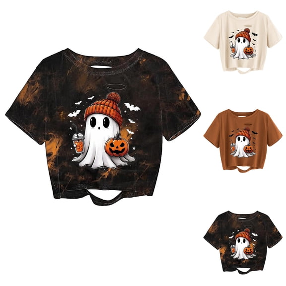 IWRICH Women's Distressed Crop Tops Halloween Ghost Pumpkin Fall Tees Short Sleeve Crew Neck Gothic T-Shirts Coffee XS