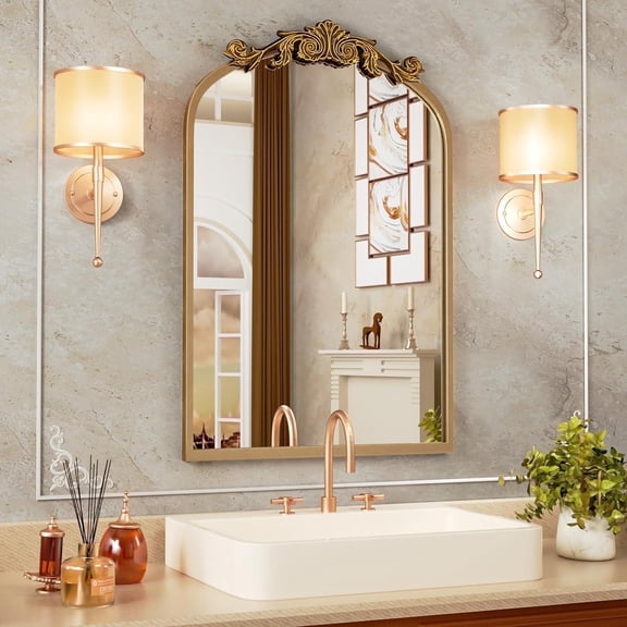 Swafrrt 20" x 32" Antique Gold Baroque Arch Wall Mirror, Vintage Bathroom Mirror with Aluminum Frame