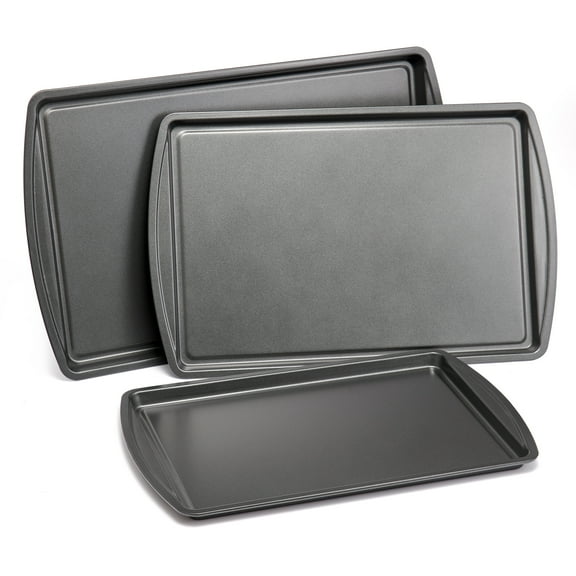 Mainstays 3pc Carbon Steel Nonstick Cookie Sheet Bakeware Set, 11" x 17", 10" x 15", 9" x 13", Gray
