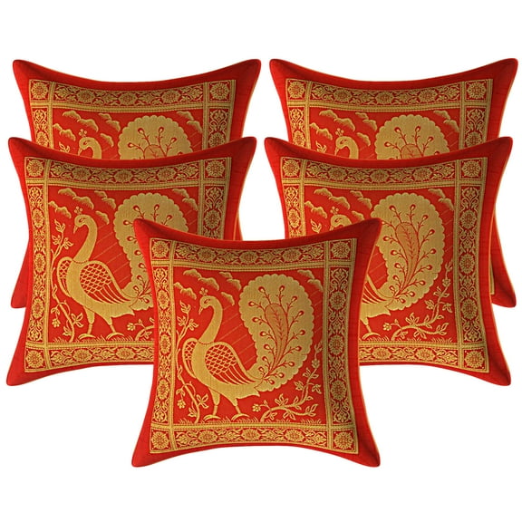 Stylo Culture Ethnic Living Room Decorative Brocade Red And Gold Sofa Throw Pillow Covers 12x12 Jacquard Weave Banarsi Bohemian Throw Pillow Covers Peacock 30x30 cm Cushion Covers (Set Of 5)