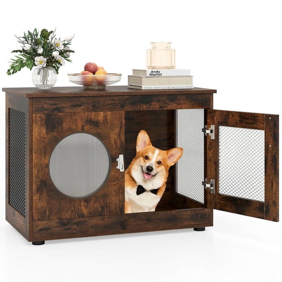Resenkose Furniture-Style Dog Crate for Small and Medium Dogs with Translucent Window and Lockable Door, Rustic Brown