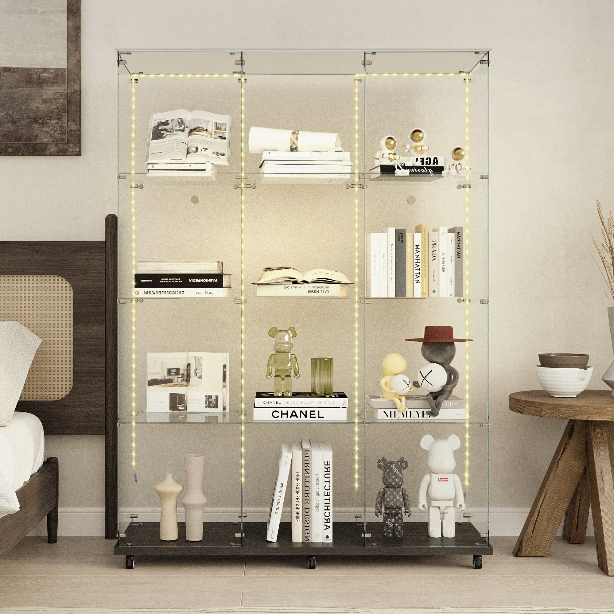 MAYEERTY 4 Tiers Glass Display Cabinet with Bluetooth LED Light Strip, Curio Storage Cabinet with 3 Door Wheels and Lock, Tempered Glass Top, Black