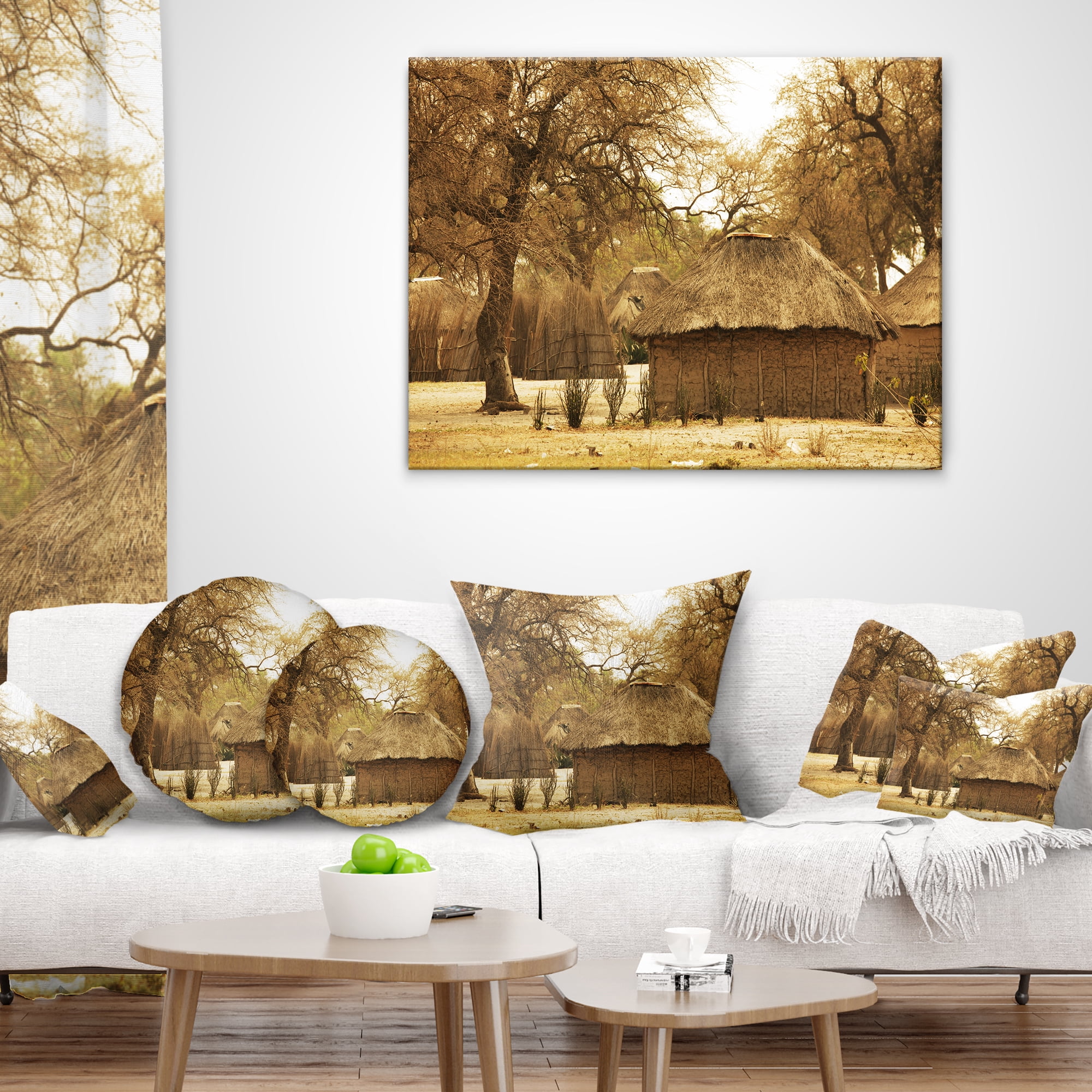 Designart Beautiful Rural African Huts - Landscape Printed Throw Pillow - 16x16