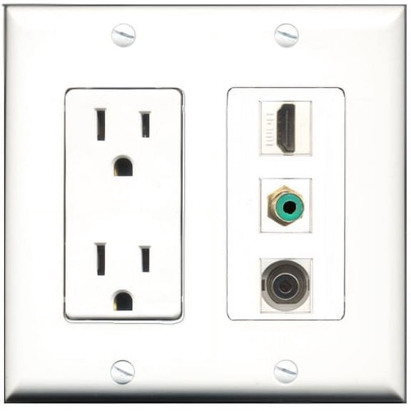 RiteAV - 15 Amp Power Outlet 1 Port HDMI 1 Port RCA Green 1 Port 3.5mm Decorative Wall Plate