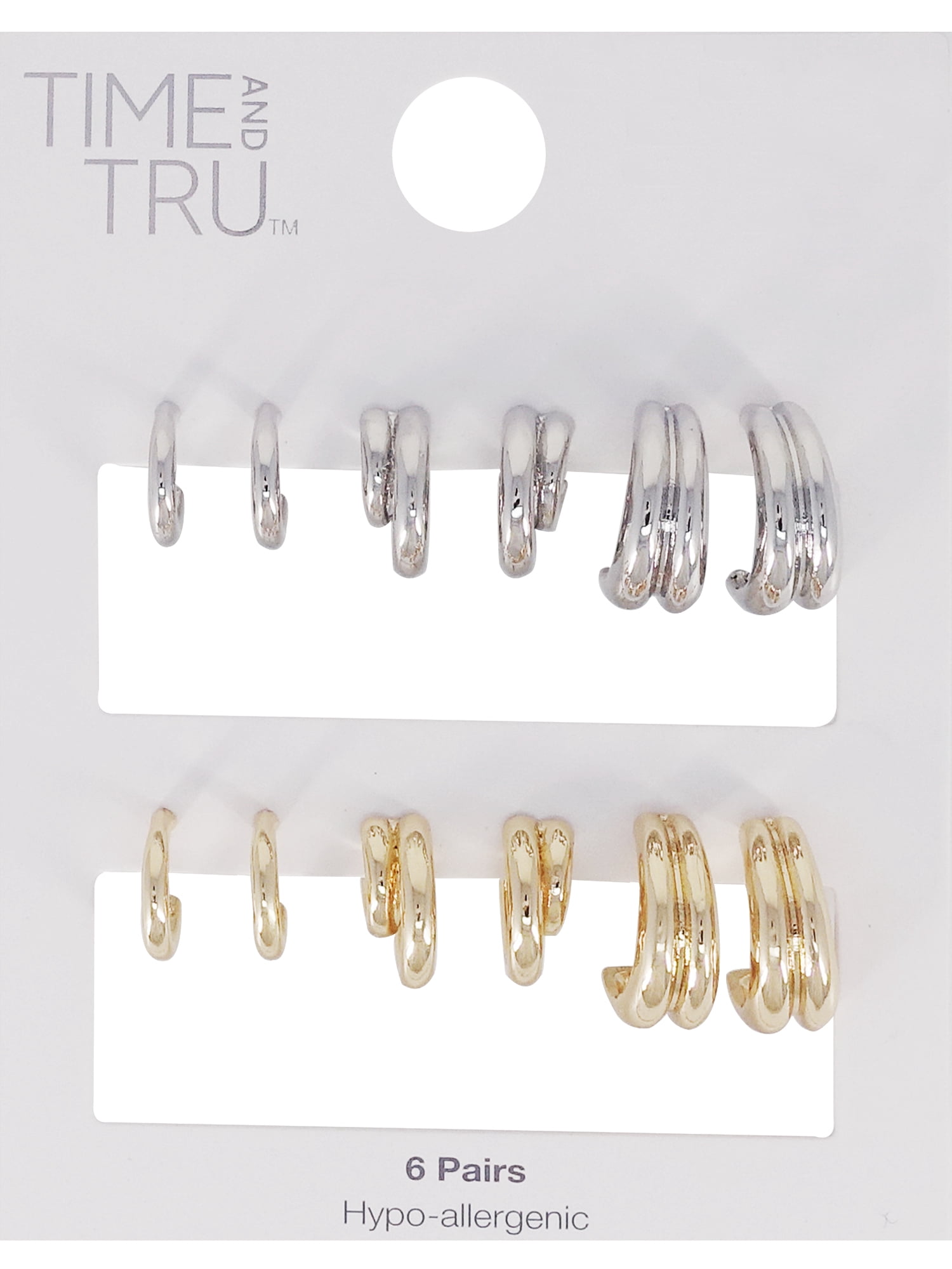 Time and Tru Women's Metal 6 Pair Hoop Earring in Gold and Rhodium Plated