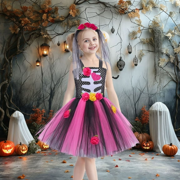 XQYLOS Girls’ 𝖢orpse Bride Halloween Dress - Dead Bride Tutu Dress for Kids P𝖺rty Kids 𝖢arnival Outfit
