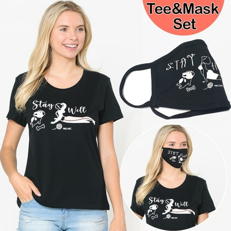2Pcs Set Women GRAPHIC TEE & PRINT RHINESTONE COTTON FACE MASK SET Made in USA SIZE S