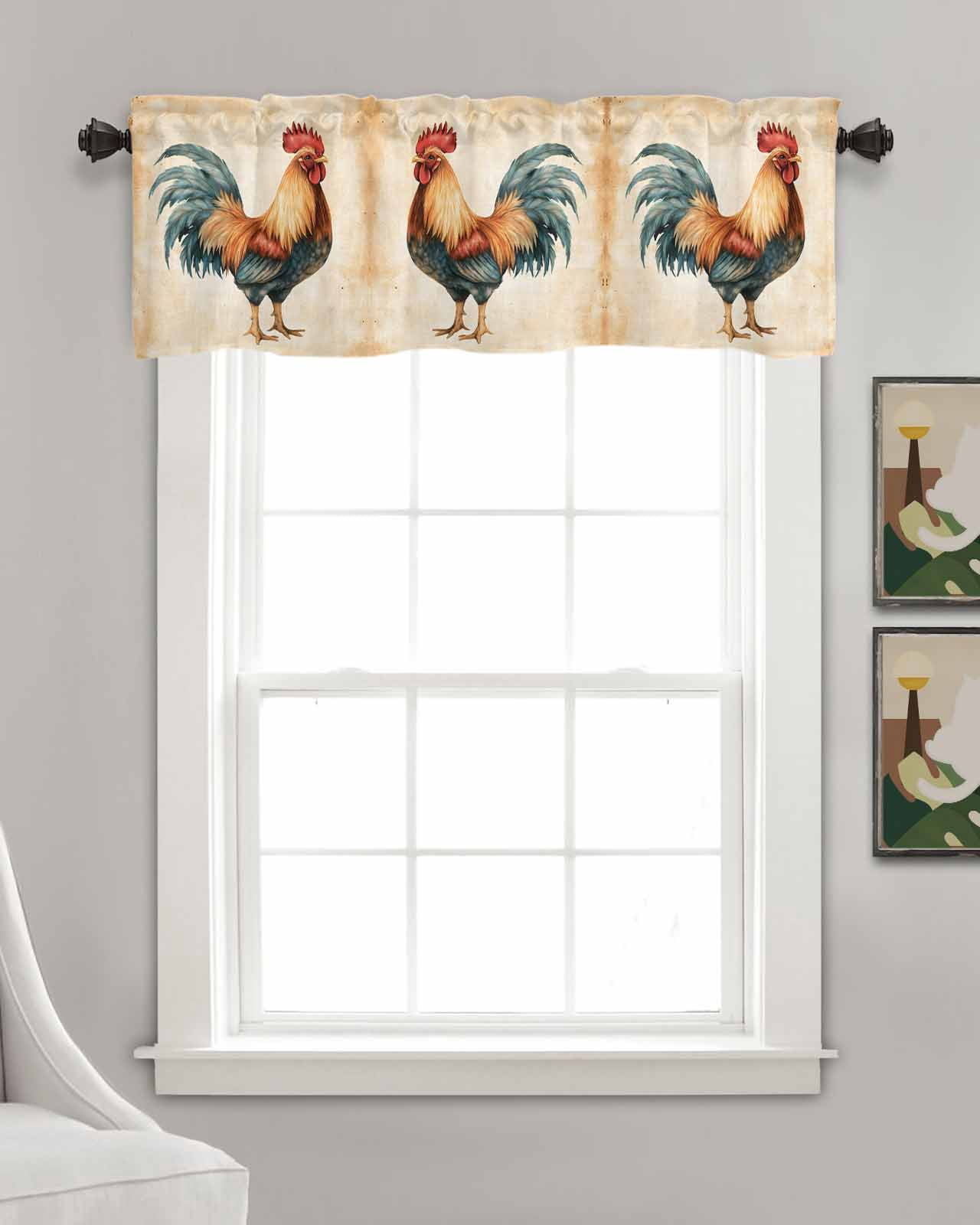 Farmhouse Rooster Kitchen Valances for Windows Farmhouse Linen Window Valance Curtain for Living Room Window Treatment Vintage Country Animals Print Valance Rod Pocket Topper Drape, 60 x 18 Inch