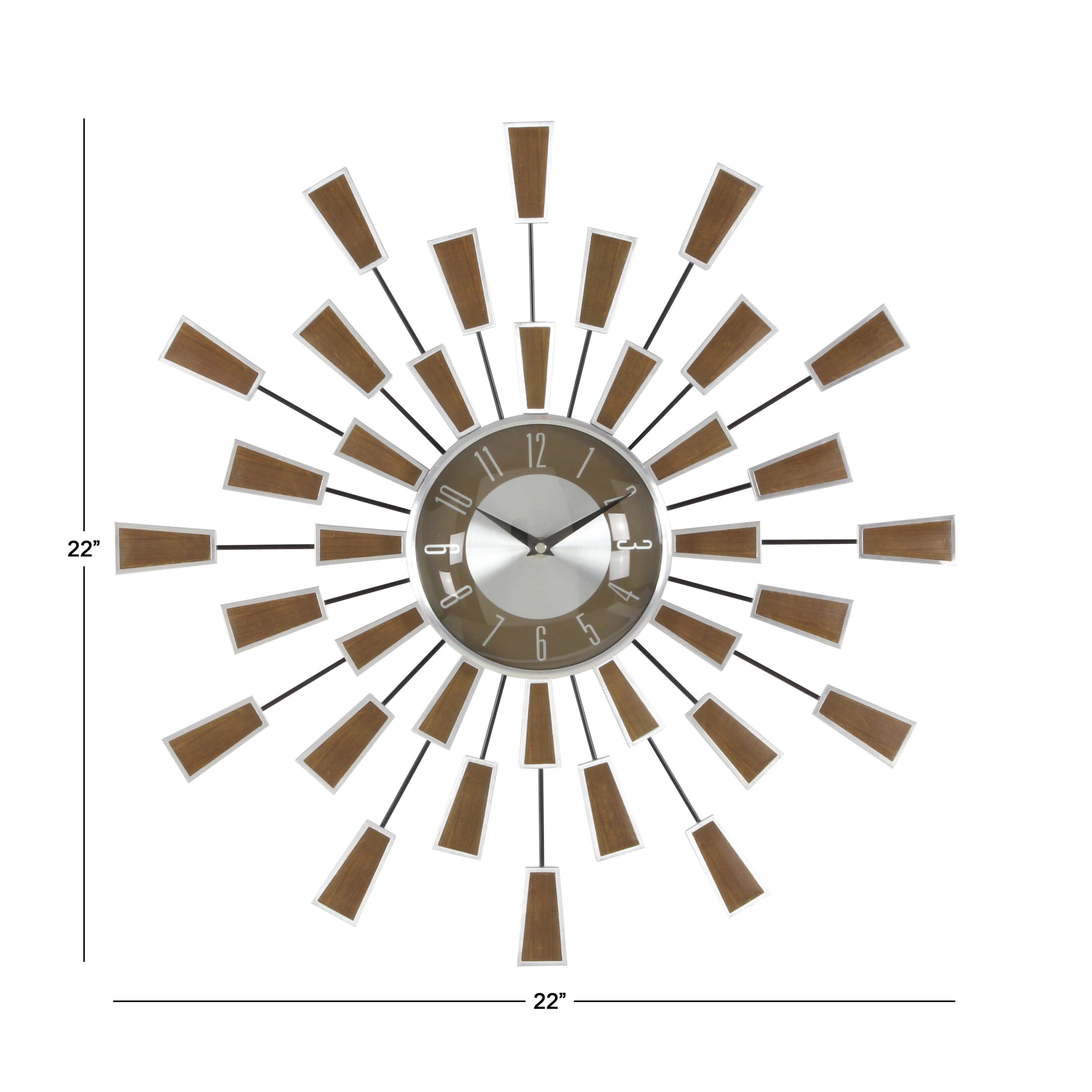 DecMode 22" Brown Metal Starburst Starburst Wall Clock with Silver Accents