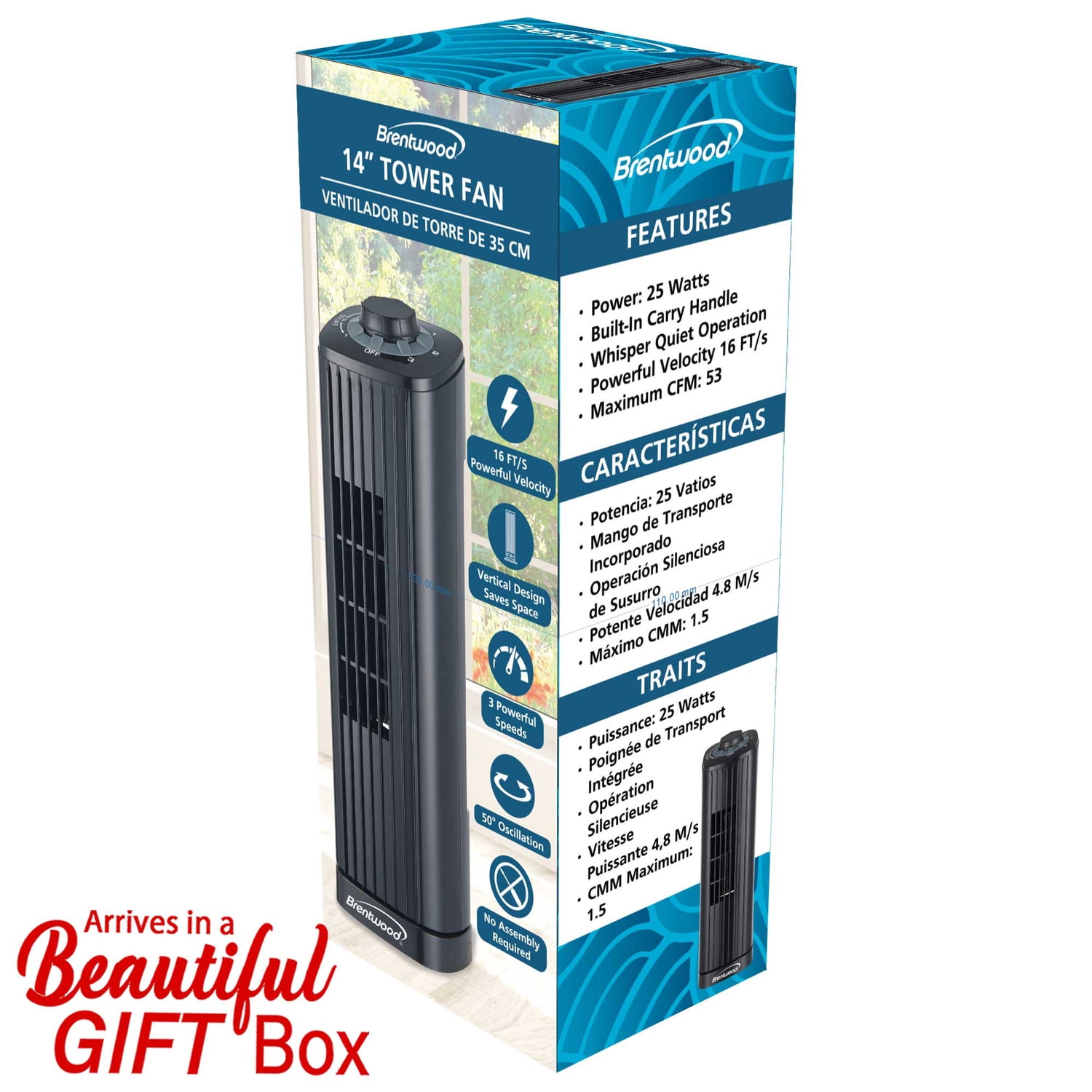 Brentwood 14-In. 3-Speed Portable Oscillating Tower Fan, Black, F-14TBK