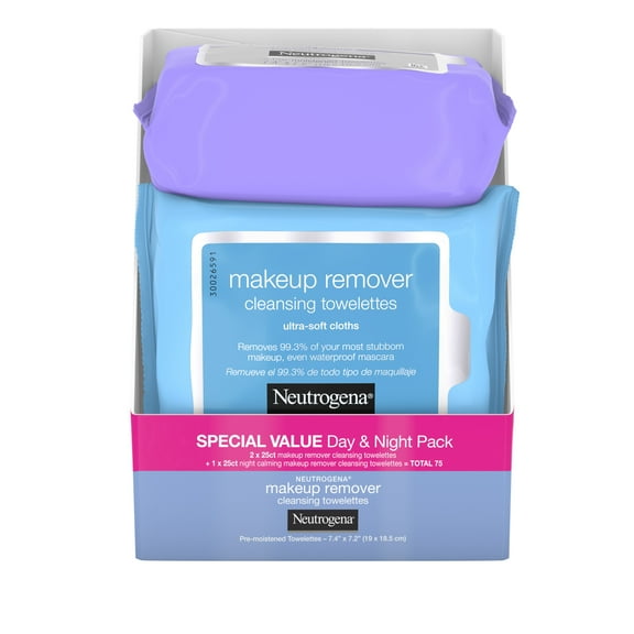 75 Count, Three Pack Neutrogena Day & Night Makeup Remover Cleansing Face Wipes - 2 Pack
