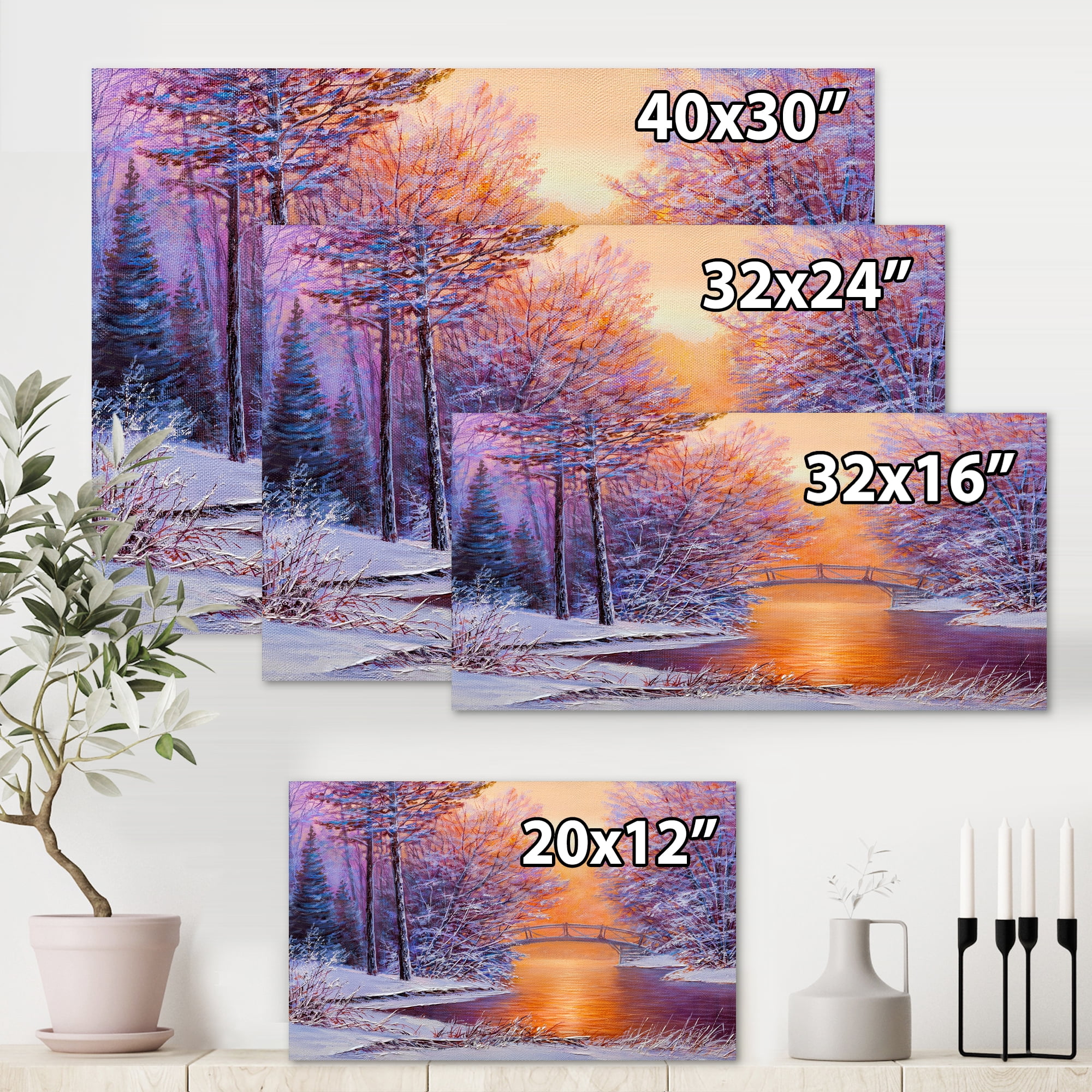 Designart ' Winter Landscape With Bridge Over The River ' Traditional Canvas Wall Art Print