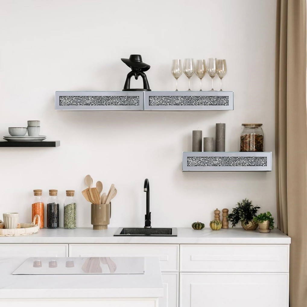 LUVODI Silver Crushed Diamond Wall Floating Shelf Luxury Mirrored Storage Shelf Home Decoration