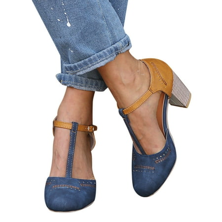

Aayomet Dance Shoes for Women Round Fashion Thick Heel Women s High Chuncy Pumps Sandals Buckle Heels Toe Shoes Strap Shoes Blue 7.5