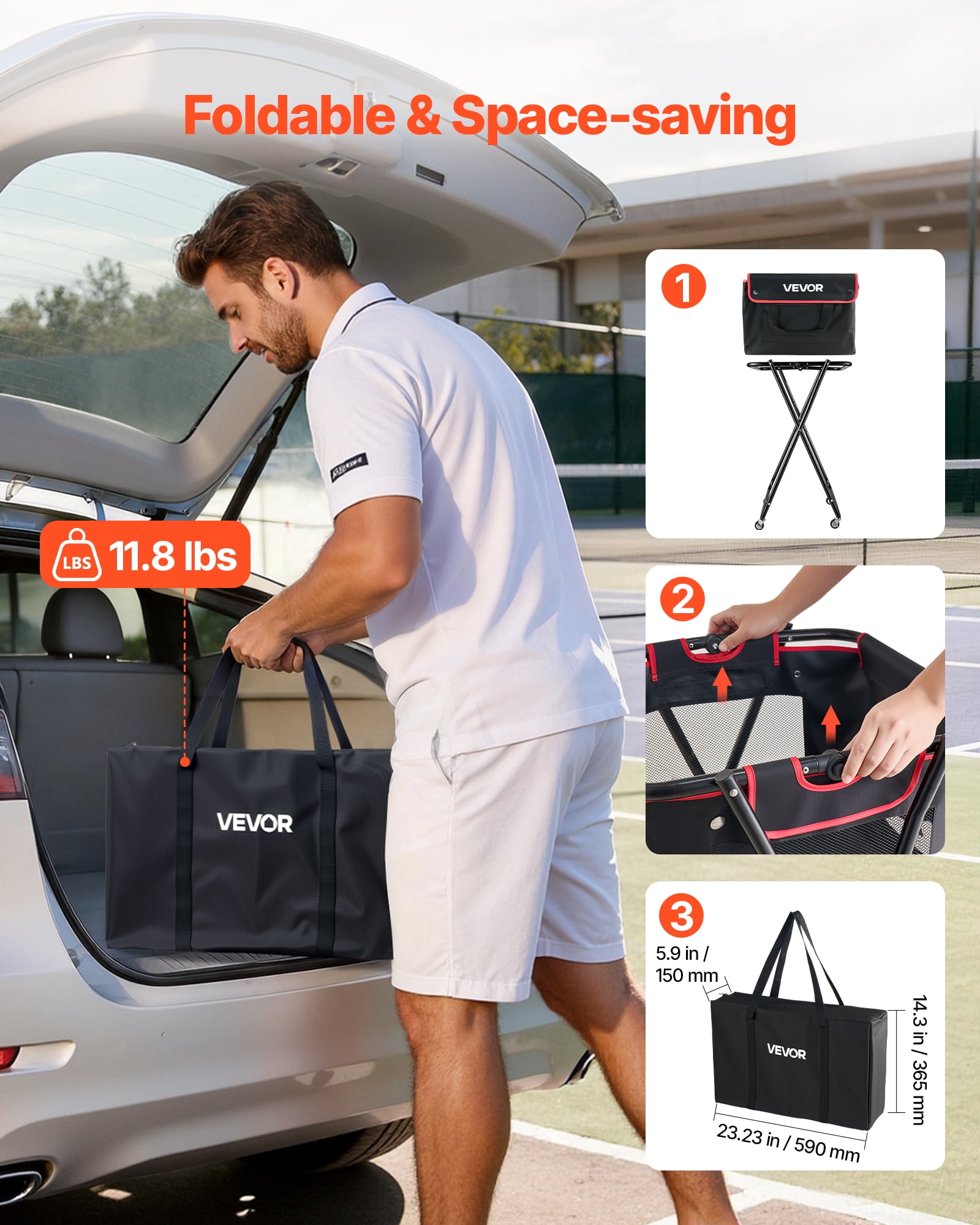 VEVOR Tennis Ball Hopper, Holds 175 Tennis Balls or 290 Pickleballs, Foldable Pickleball Basket Cart with Wheels for Easy Pick Up, Portable Baseball Cart Caddy with Storage Bag, for Training Coaching