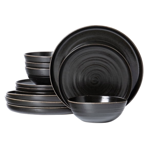 ALOFMO 12-Piece Black Spiral Swirl Stoneware Dinnerware Set, Handcrafted Wheel-Thrown Matte Plates and Bowls, Service for 4, Microwave & Dishwasher Safe