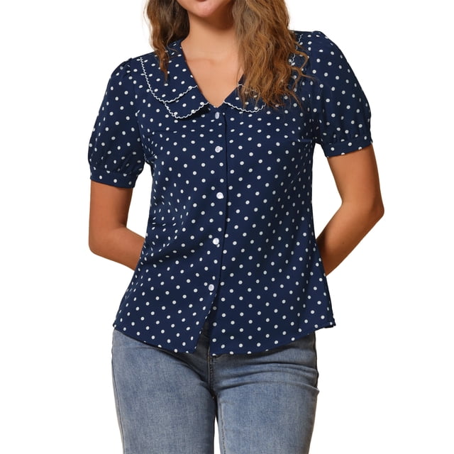 INSPIRAR CHIC Blusa Vintage para Mujeres con Lunares, Cuello Peter Pan, Mangas Cortas Abullonadas, Top Azul Oscuro S