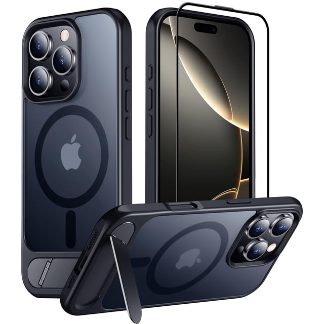 funda magnética temdan con soporte para iphone 16 pro funda negra translúcida con anillo magnético trasero y soporte plegable en ángulo para ver contenido manos libres; bordes elevados visibles alrededor de cámara y pantalla, costados con agarre antideslizante y acabado mate.