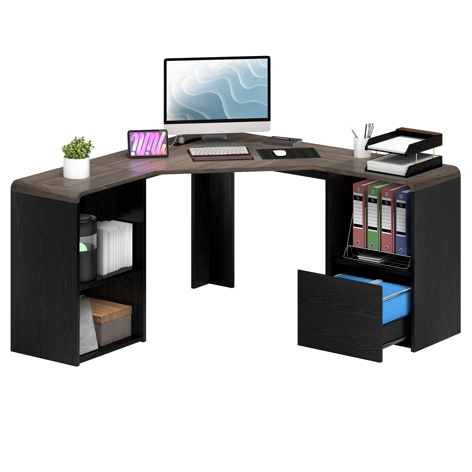 Homiflex L Shaped Desk with File Drawer 59" Modern Corner Computer Desk with Storage L Shape Home Office Desk Executive Desk with Power Outlets Storage Shelves File Cabinet for Working Writing, Black