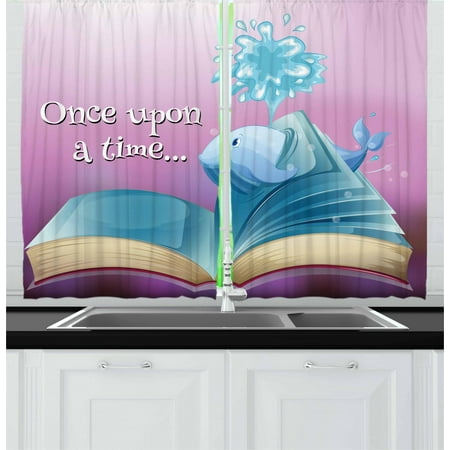 Two Story Curtains Once Upon a Time Curtains 2 Panels Set, A Storybook and Quote with Baby Whale Fantastic Ocean Tale Kids Cartoon, Window Drapes for Living Room Bedroom, 55W X 39L Inches, Multicolor, by Ambesonne ()